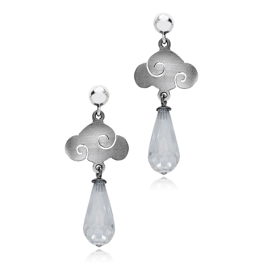Zircon Stone Cloud Design Oxidized Vintage Earrings 925 Sterling Silver Jewelry