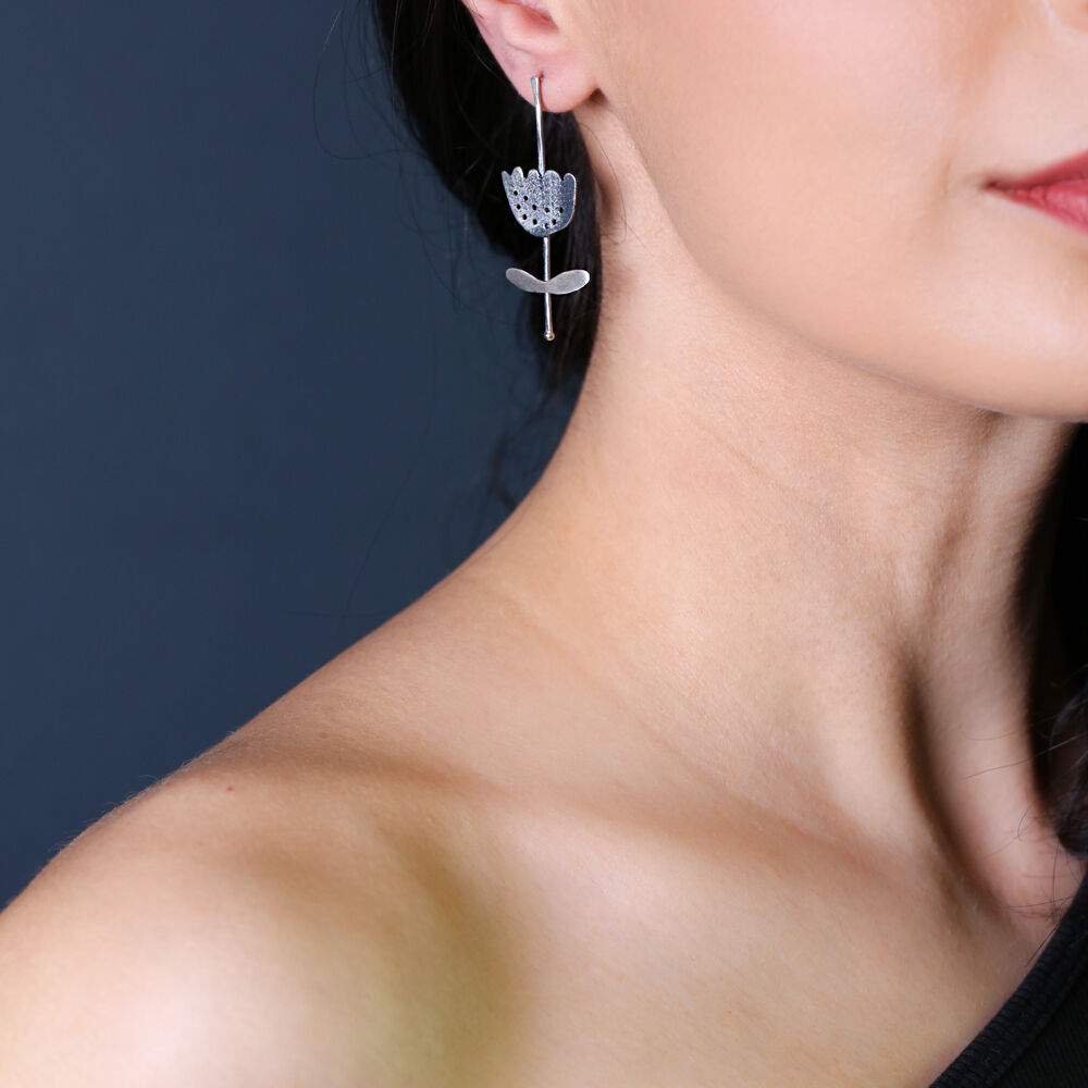 Tulip Design Oxidized Vintage Earrings Elegant Turkish 925 Sterling Silver Jewelry