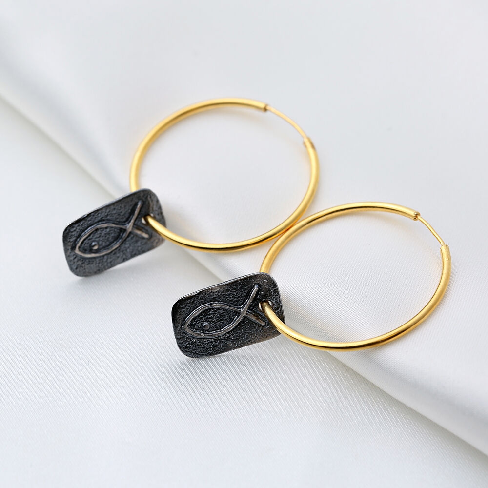 Oxidized Rectangle Fish 22K Gold Plated Vintage Hoop Earrings 925 Sterling Silver Jewelry