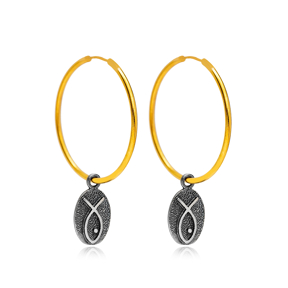 Oxidized Oval Fish Design 22K Gold Plated Vintage Hoop Earrings 925 Sterling Silver Jewelry