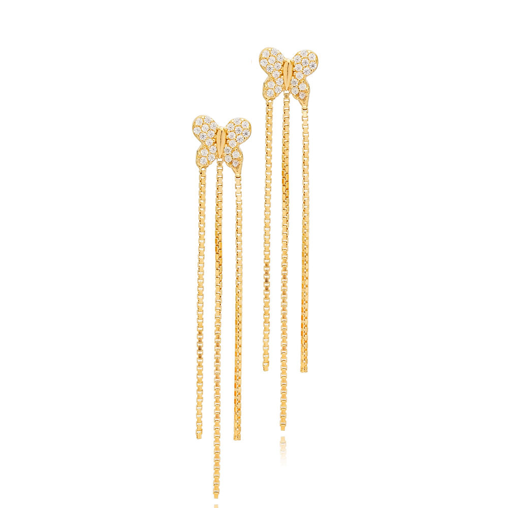 Butterfly Design Elegant Triple Chain Long Stud Earrings 925 Sterling Silver Jewelry