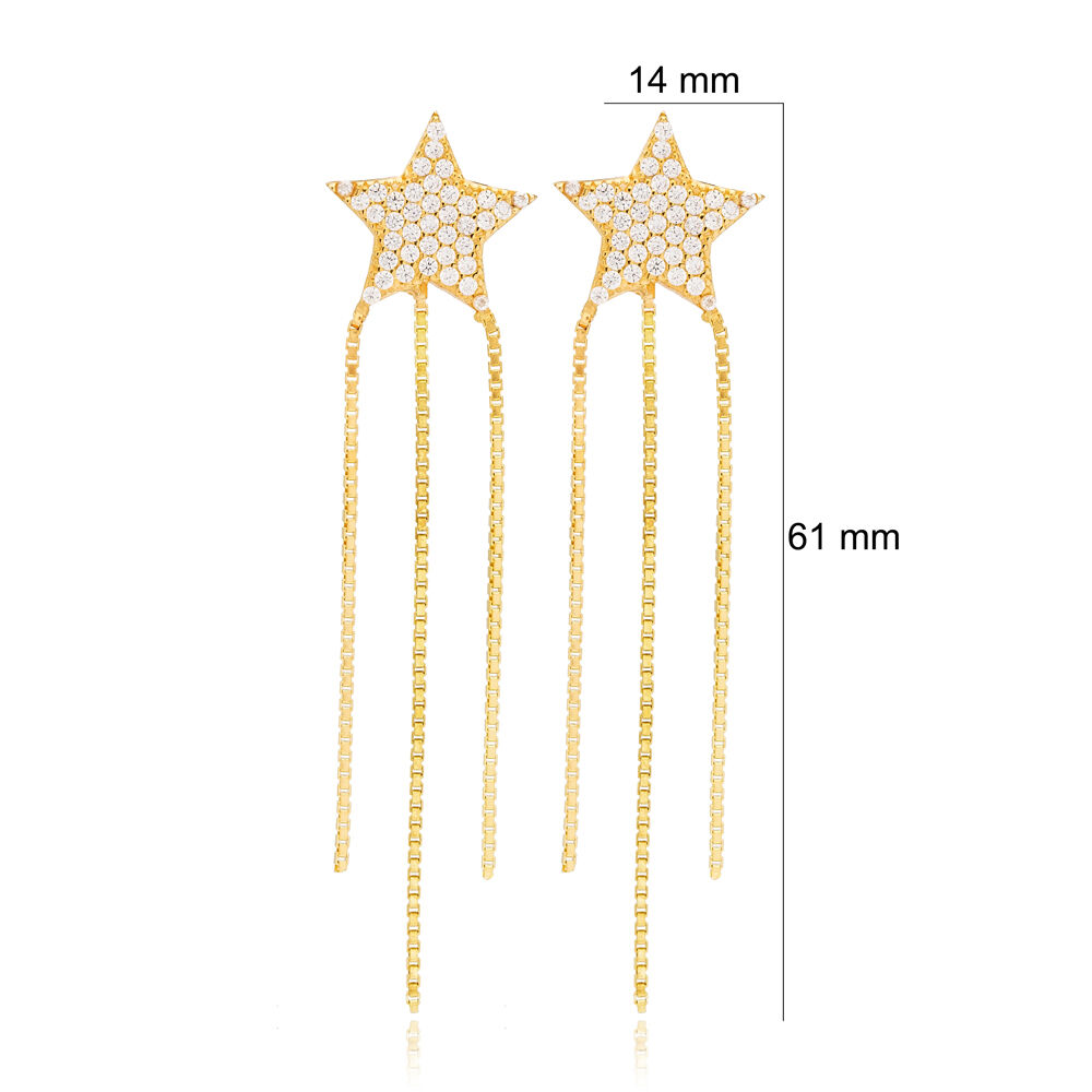 Stylish Star Design Trendy Triple Chain Long Stud Earrings 925 Sterling Silver Jewellery