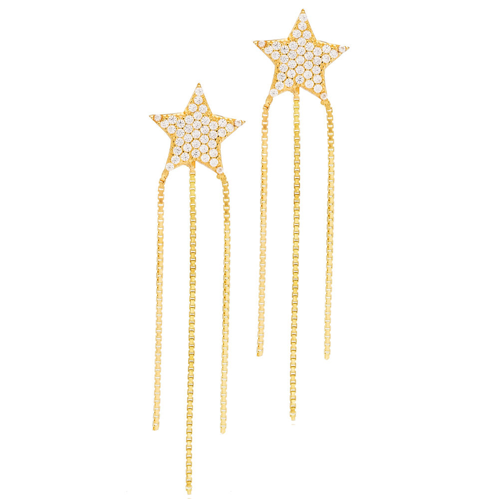 Stylish Star Design Trendy Triple Chain Long Stud Earrings 925 Sterling Silver Jewelry