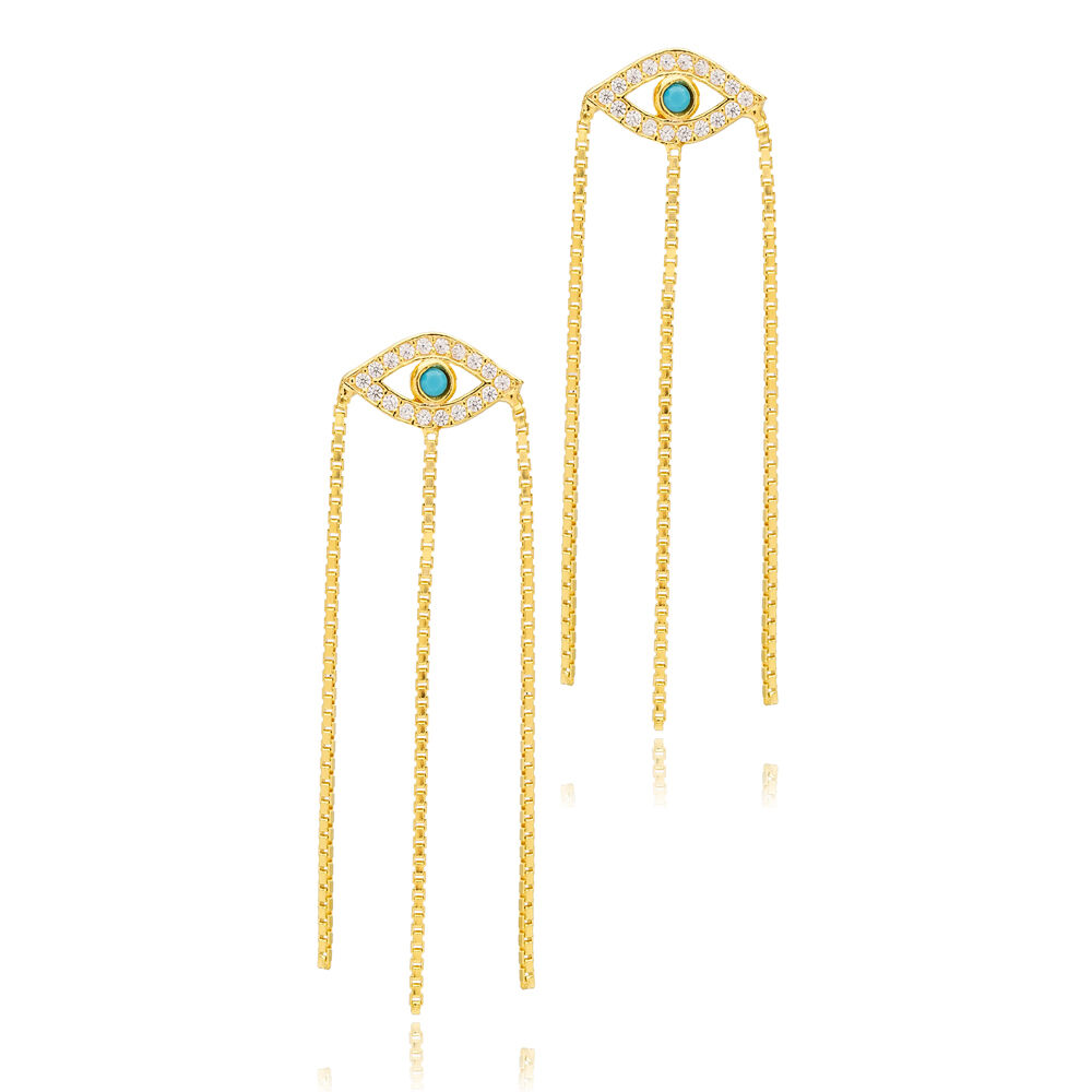 Turkish Evil Eye Design Elegant Triple Chain Long Stud Earrings 925 Sterling Silver Jewelry