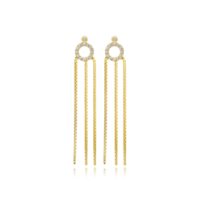 Hollow Round Design Elegant Triple Chain Long Stud Earrings 925 Sterling Silver Jewelry
