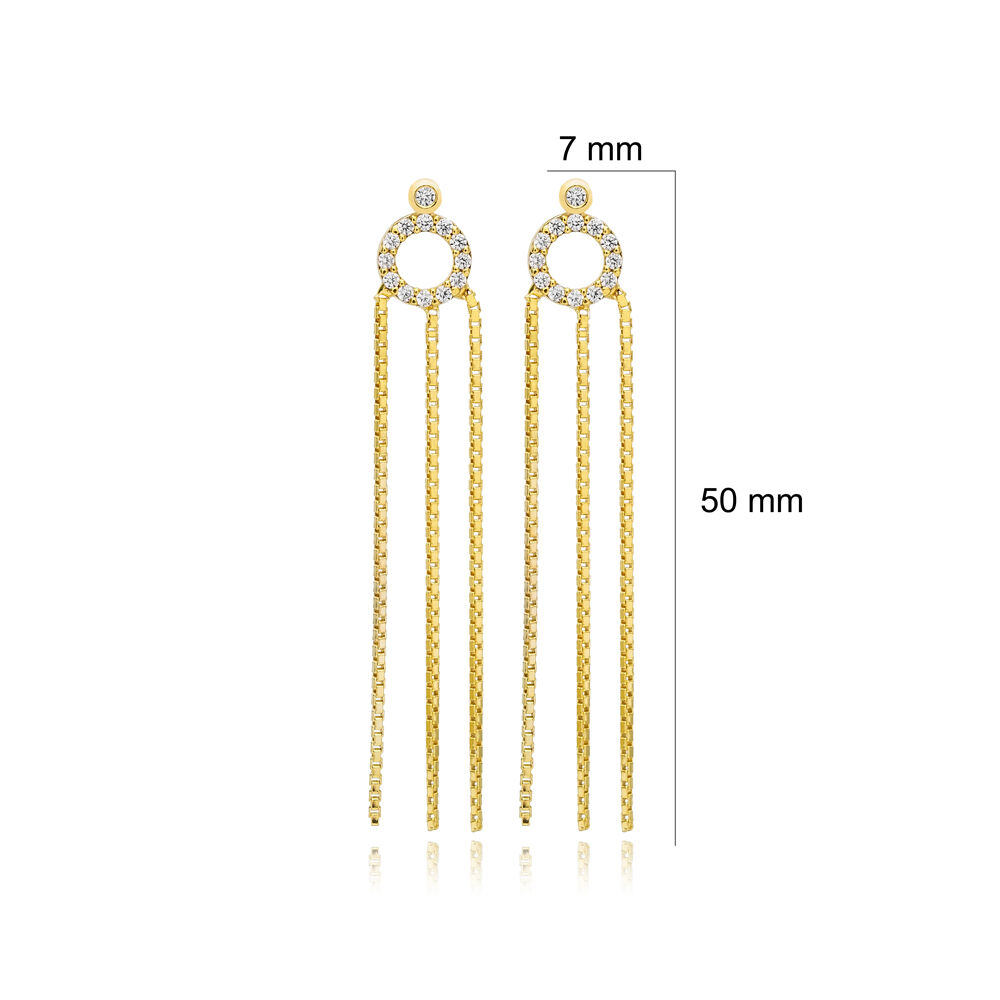 Hollow Round Shape Elegant Triple Chain Long Stud Earrings 925 Sterling Silver Jewelry
