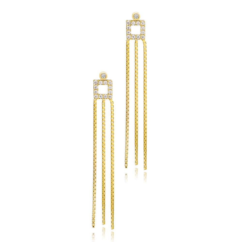 Square Hollow Design Elegant Triple Chain Long Stud Earrings 925 Sterling Silver Jewelry