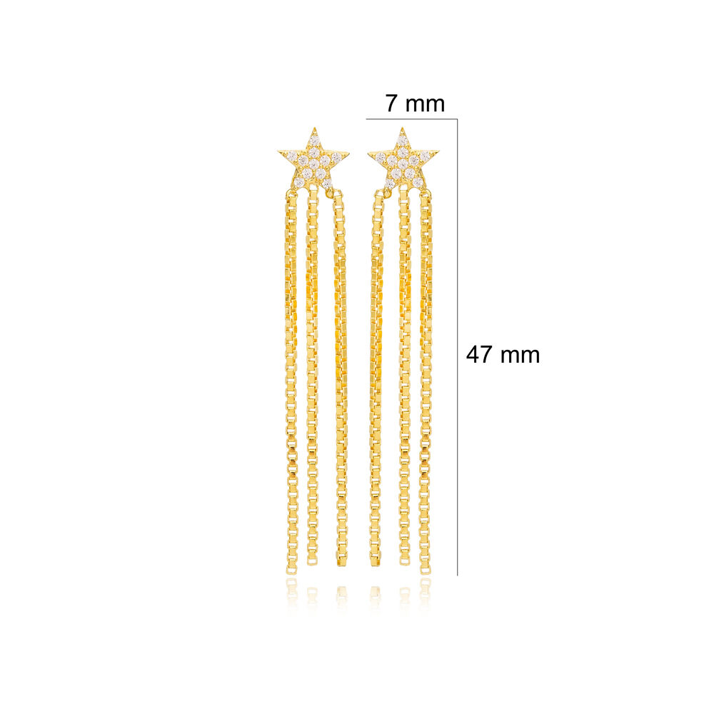 Tiny Star Design Trendy Triple Chain Long Stud Earrings 925 Sterling Silver Jewelry
