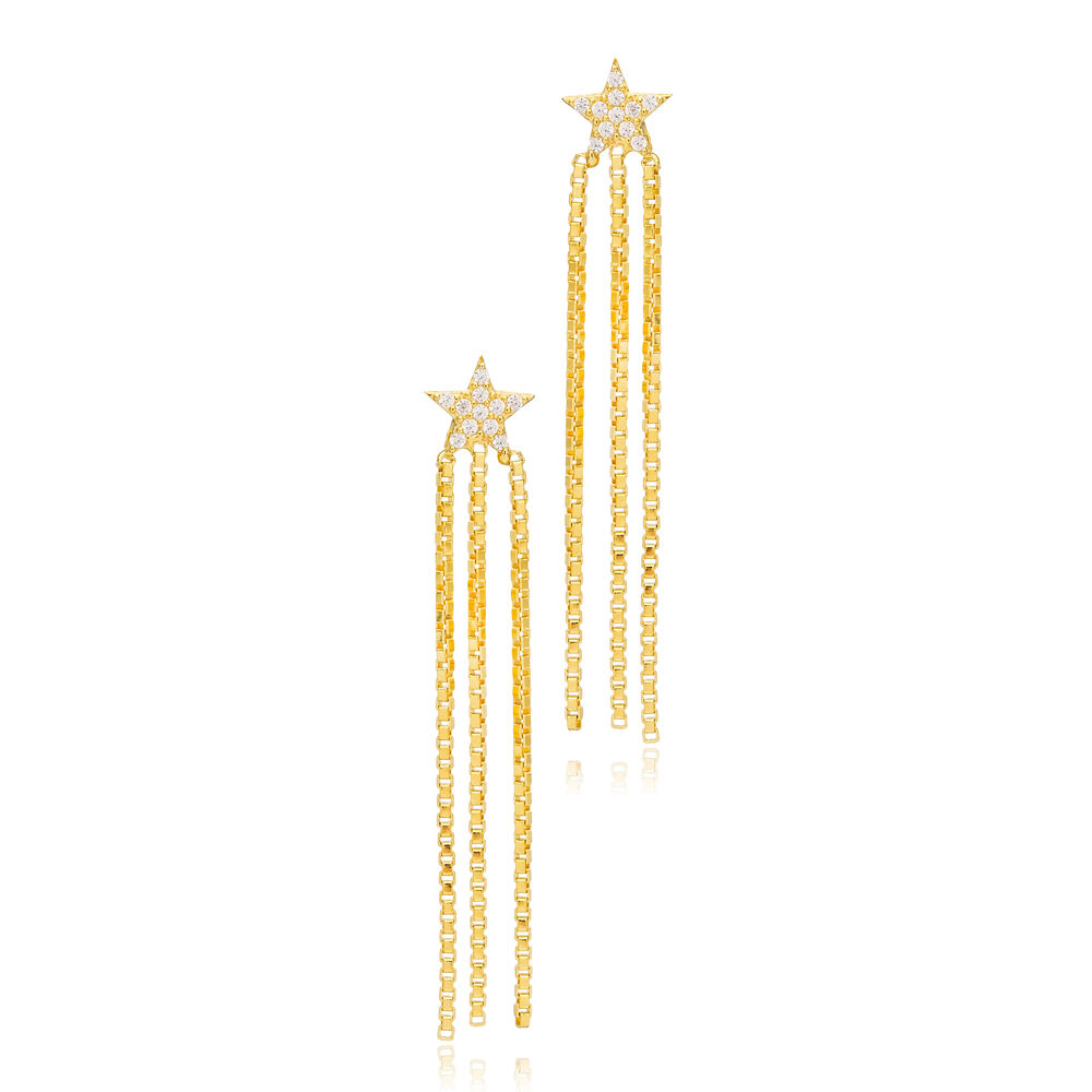 Tiny Star Design Trendy Triple Chain Long Stud Earrings 925 Sterling Silver Jewelry