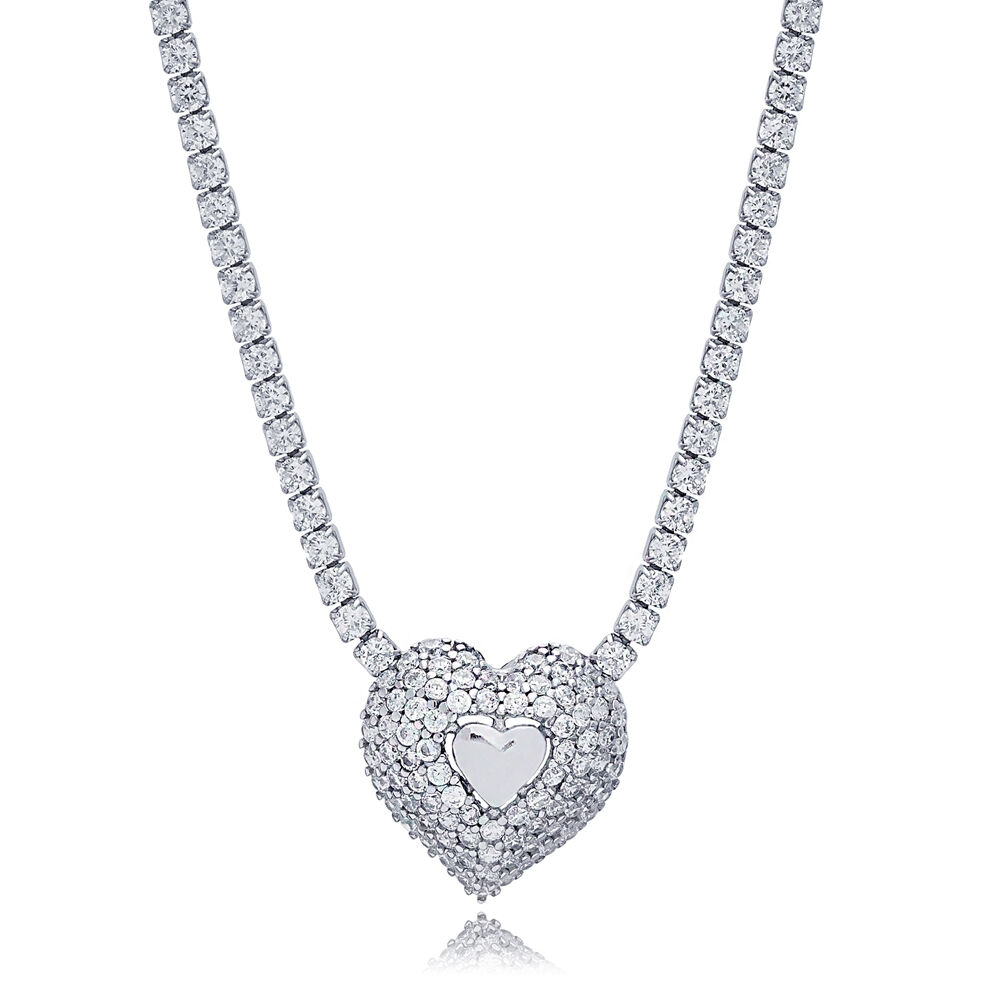 Trendy Heart Tennis Charm Necklace Pendant Turkish Handmade 925 Sterling Silver Jewelry