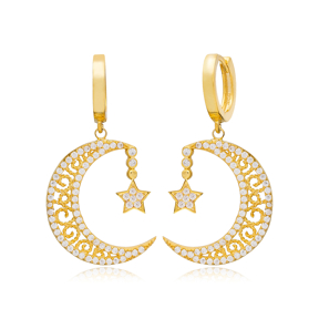 New Trend Moon and Star Charm Dangle Earrings Wholesale Handmade Turkish 925 Silver Sterling Jewelry
