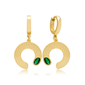 Elegant Half Circle Shape Emerald Stone Dangle Earrings 925 Sterling Silver Textured Jewelry
