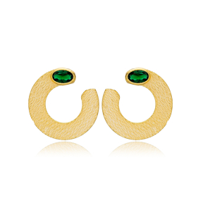 Stylish Half Circle Shape Emerald Stone Stud Earrings 925 Sterling Silver Textured Jewelry