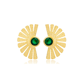 Emerald Stone Fan Shaped Dainty Stud Earrings Handcrafted 925 Sterling Silver Jewelry