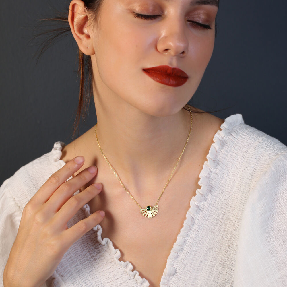 Emerald Stone Fan Shaped Charm Pendant Necklace Turkish 925 Sterling Silver Jewellery