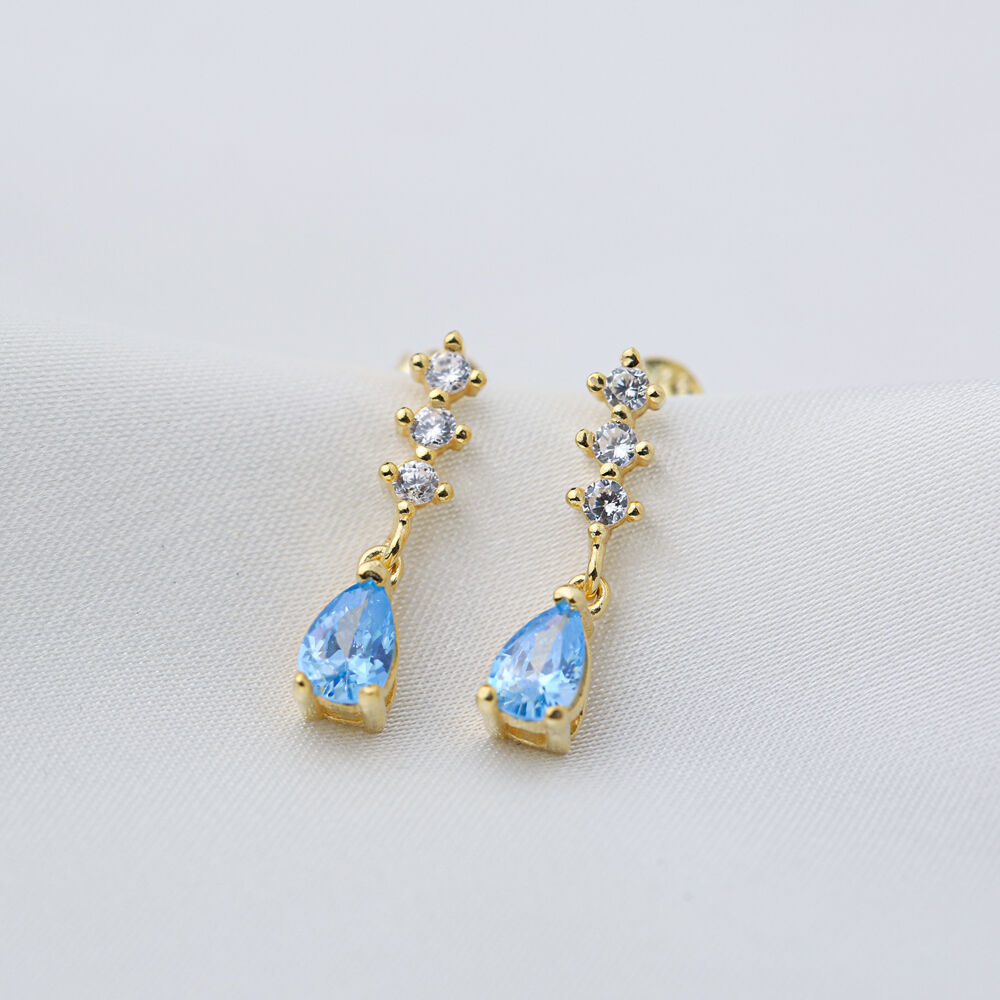 Teardrop Aquamarine Stone Dainty Minimalist Design Stud Pear Earrings Handmade 925 Sterling Silver Jewelry