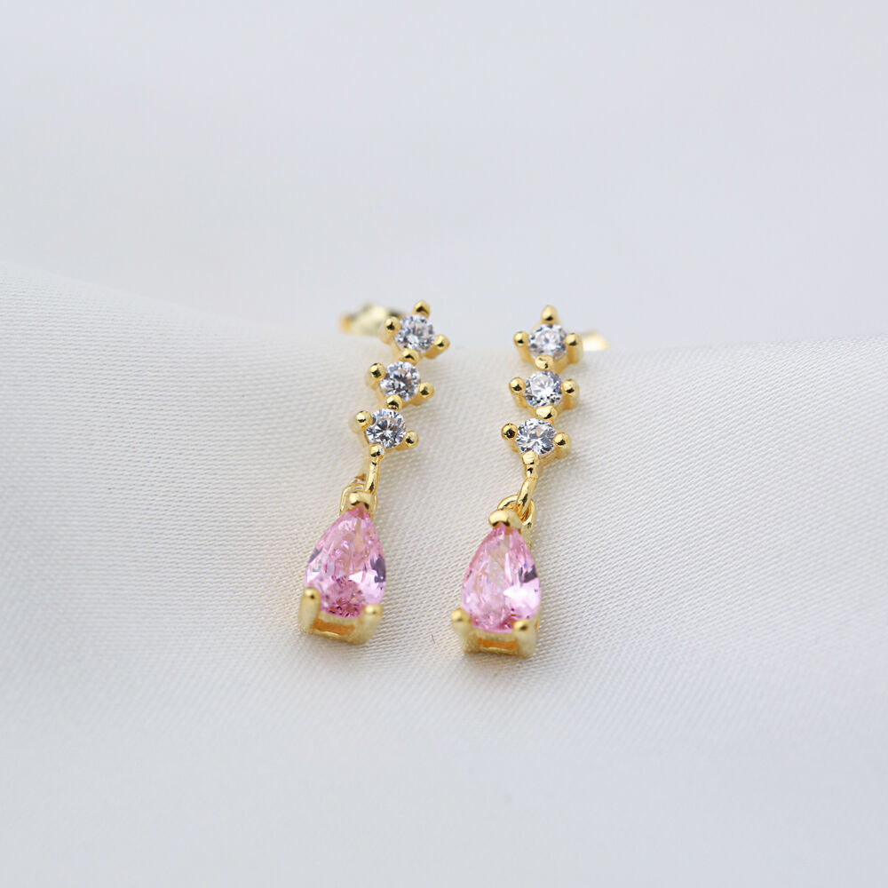 Teardrop Cute Pink Zircon Stone Minimalist Design Stud Pear Earrings Handmade 925 Sterling Silver Jewelry