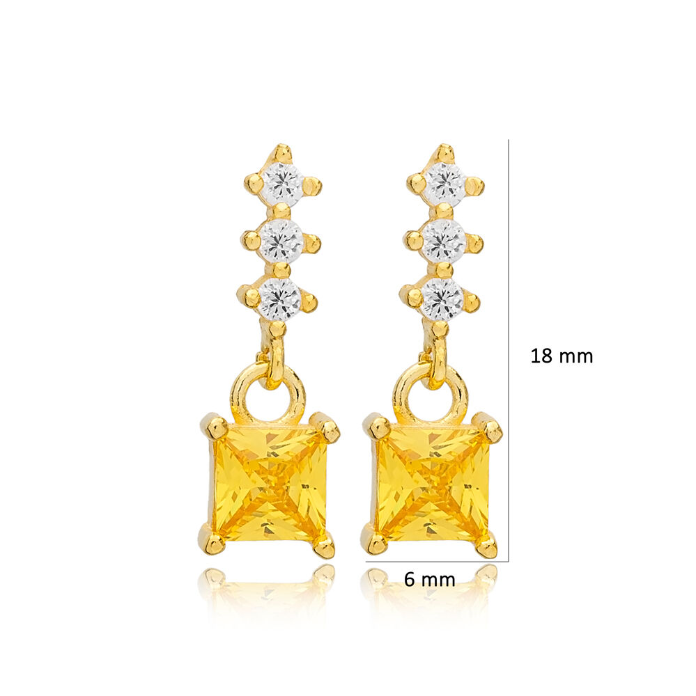Square Shape Citrine and Shiny Clear Stone Stud Earrings Turkish 925 Sterling Silver Jewelry