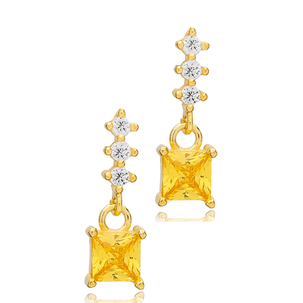 Square Shape Citrine and Shiny Clear Stone Stud Earrings Turkish 925 Sterling Silver Jewelry