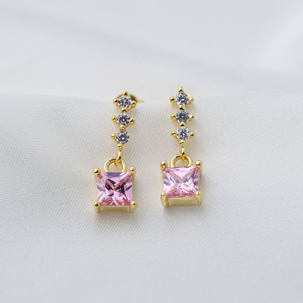 Dainty Pink Zircon Square Shape Stud Earrings Turkish Handcrafted 925 Sterling Silver Jewelry