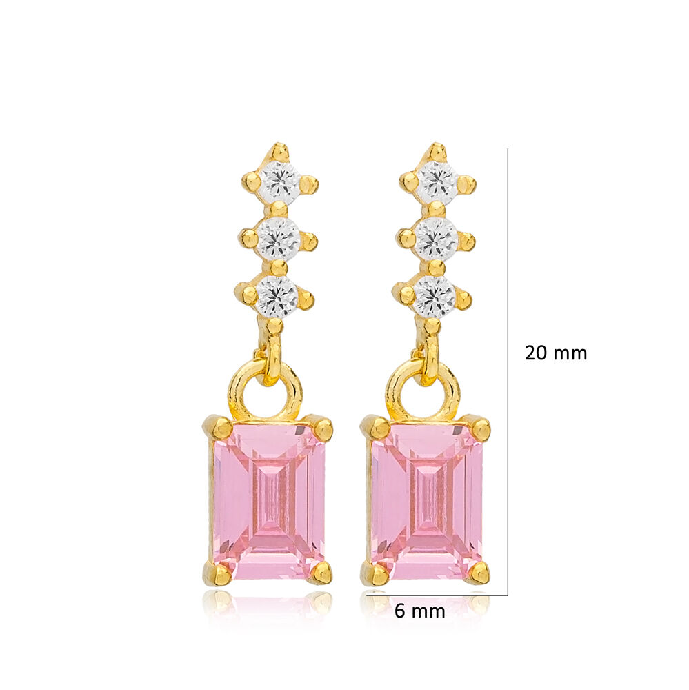 Sweet Pink Zircon Rectangle Design Stud Earrings Turkish Handmade 925 Sterling Silver Jewelry