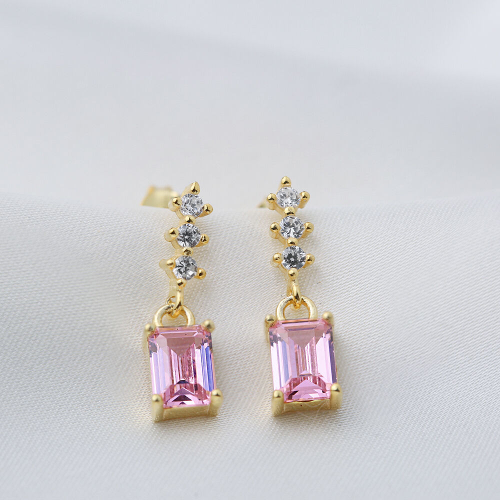 Sweet Pink Zircon Rectangle Shape Stud Earrings Turkish Handmade 925 Sterling Silver Jewelry