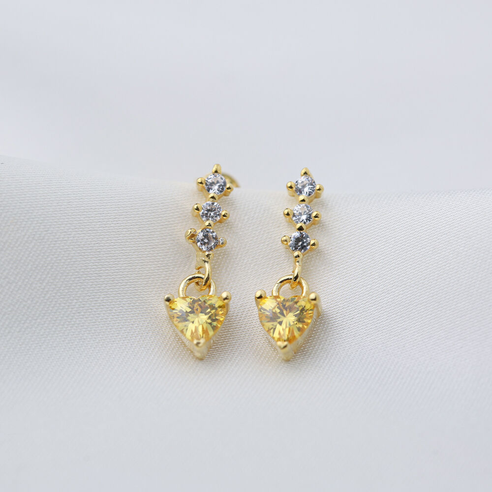 Minimalist Heart Design Citrine Stone Stud Earrings Handcrafted Turkish 925 Sterling Silver Jewelry