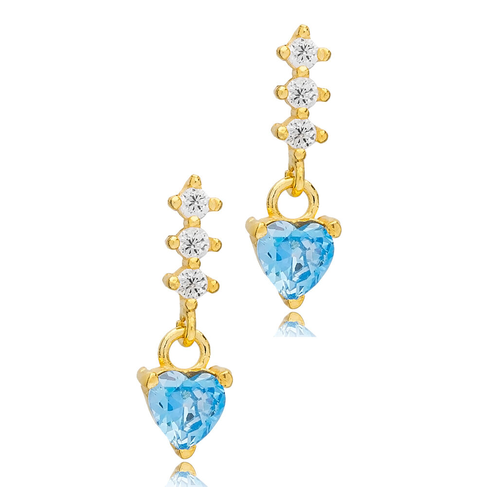 Elegant Heart Design Aquamarine Stone Stud Earrings Handcrafted Turkish 925 Sterling Silver Jewelry