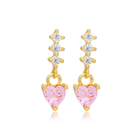 Cute Heart Pink Stone Stud Earrings Handcrafted Turkish 925 Sterling Silver Jewelry