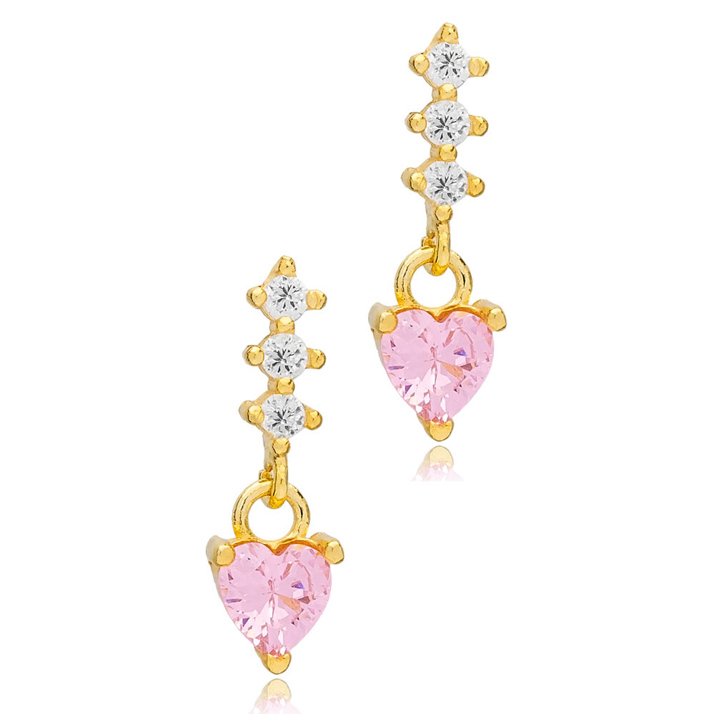 Cute Heart Pink Stone Stud Earrings Handcrafted Turkish 925 Sterling Silver Jewelry
