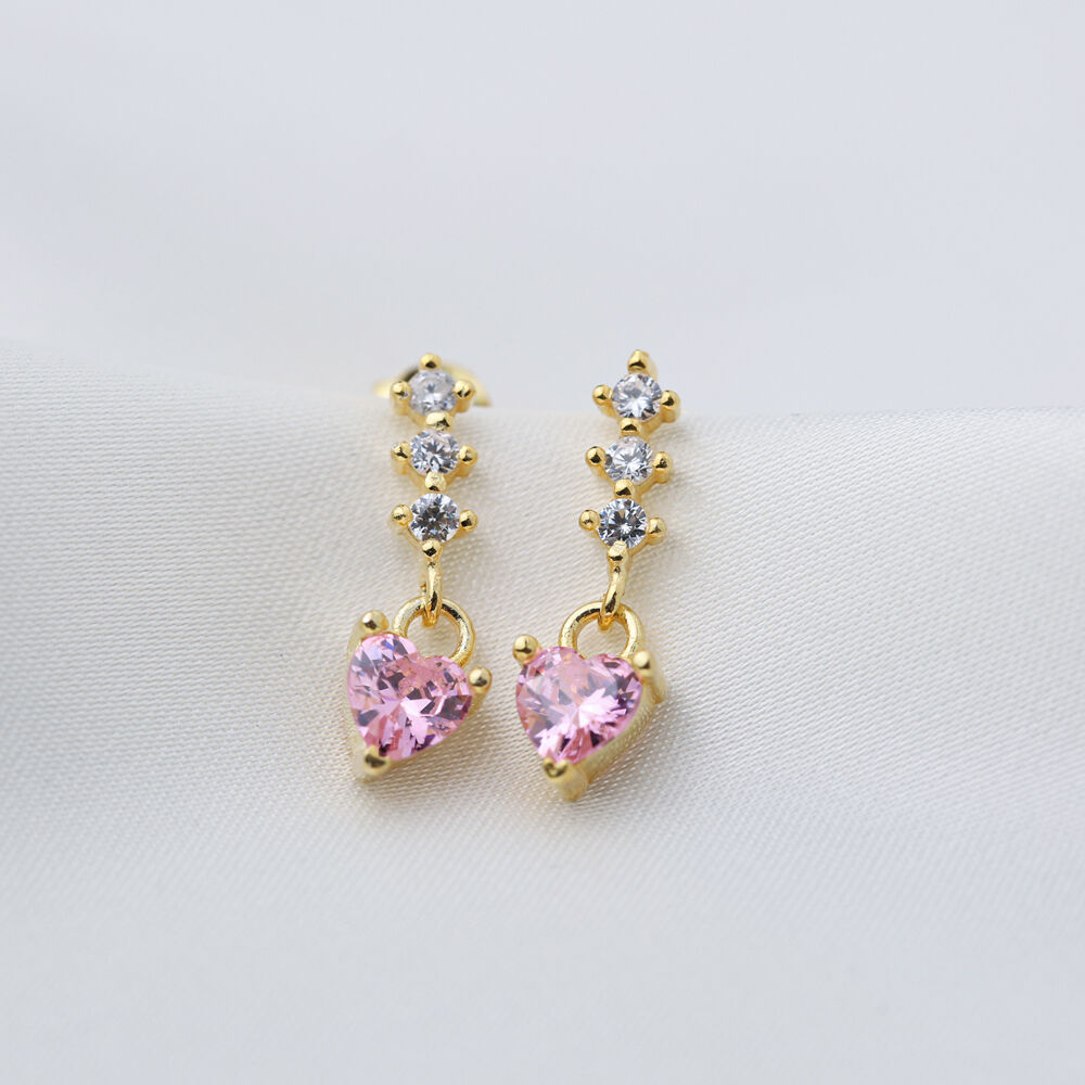 Cute Heart Pink Stone Stud Earrings Handcrafted Wholesale Turkish 925 Sterling Silver Jewelry