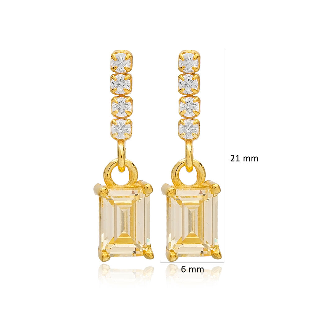 Rectangle Design Light Citrine Stone Chain Stud Earrings Handcrafted Turkish 925 Sterling Silver Jewelry