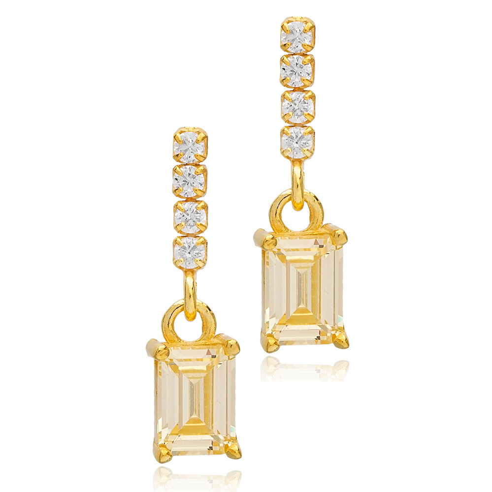 Rectangle Design Light Citrine Stone Chain Stud Earrings Handcrafted Turkish 925 Sterling Silver Jewelry