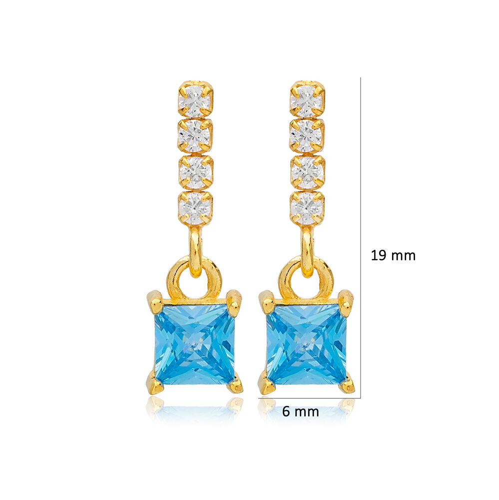 Aquamarine Square Design Chain Stud Earrings Handcrafted Turkish 925 Sterling Silver Jewelry