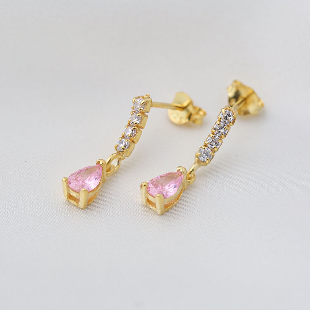 Pink Zircon Stone Minimalist Teardrop Chain Stud Pear Earrings Handcrafted 925 Silver Jewelry