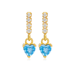 Aquamarine Heart Design Chain Stud Earrings Handcrafted Turkish 925 Sterling Silver Jewelry