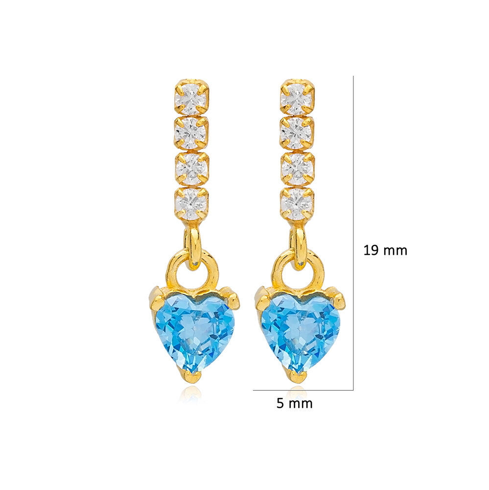 Aquamarine Heart Design Chain Stud Earrings Handmade Turkish 925 Sterling Silver Jewelry