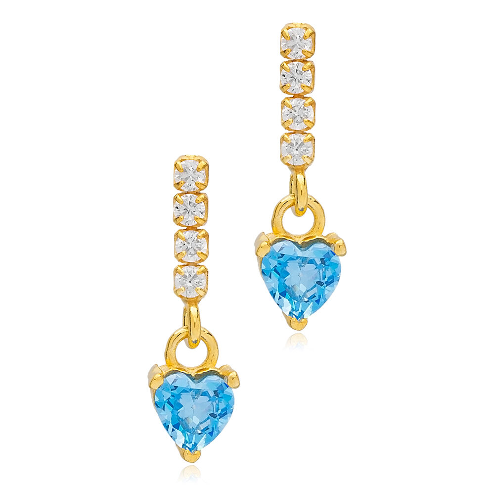 Aquamarine Heart Design Chain Stud Earrings Handcrafted Turkish 925 Sterling Silver Jewelry