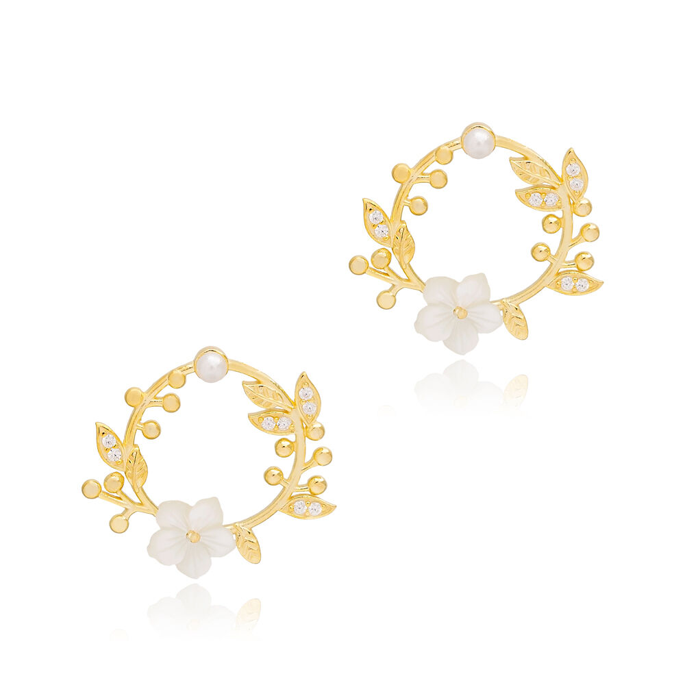 Elegant Fresh Simple Flower Design Stud Earrings Pearl Handmade Turkish 925 Sterling Silver Jewelry