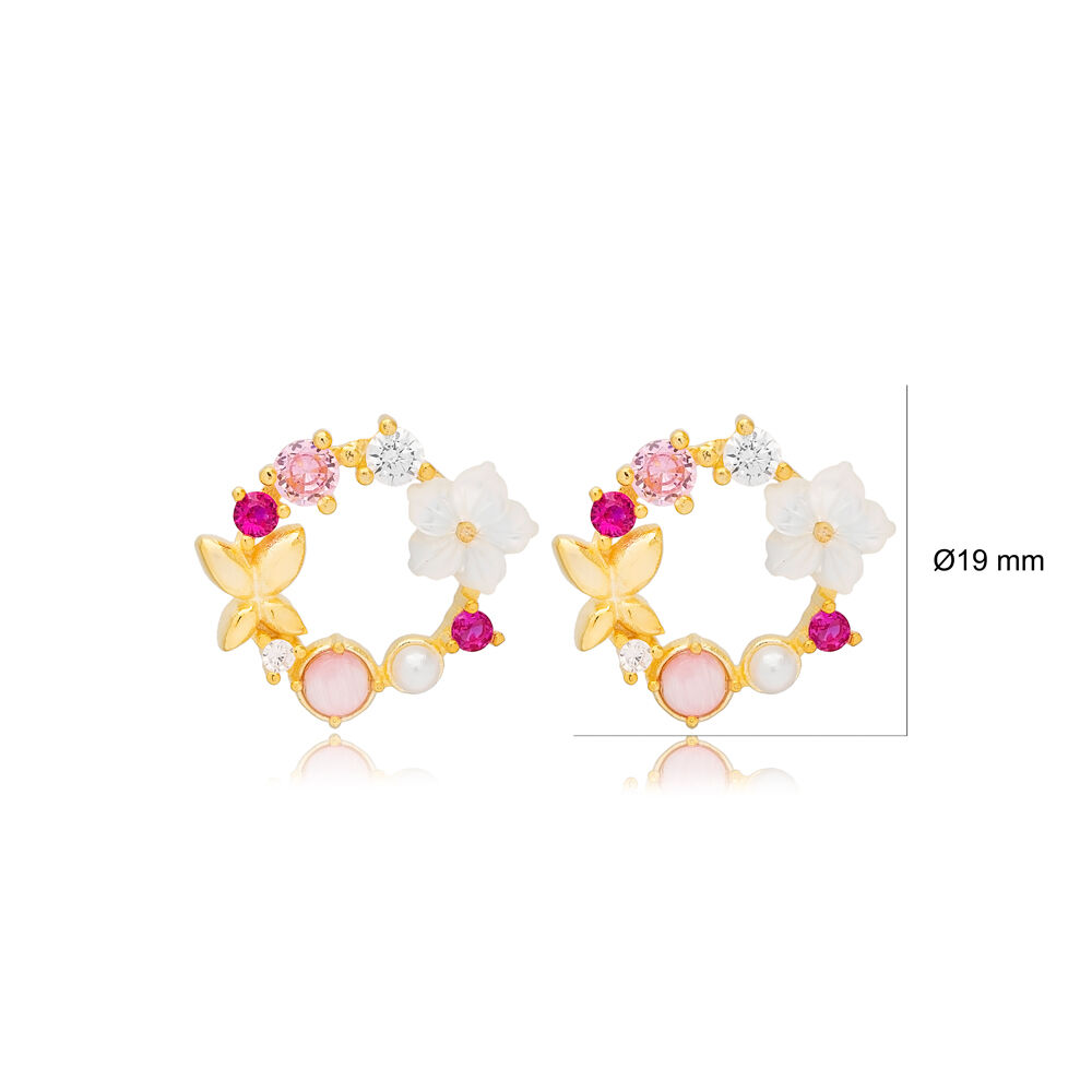 Multicolor Pink Dainty Fresh Simple Flower Design Stud Earrings Pearl Handcrafted Turkish 925 Sterling Silver Jewelry