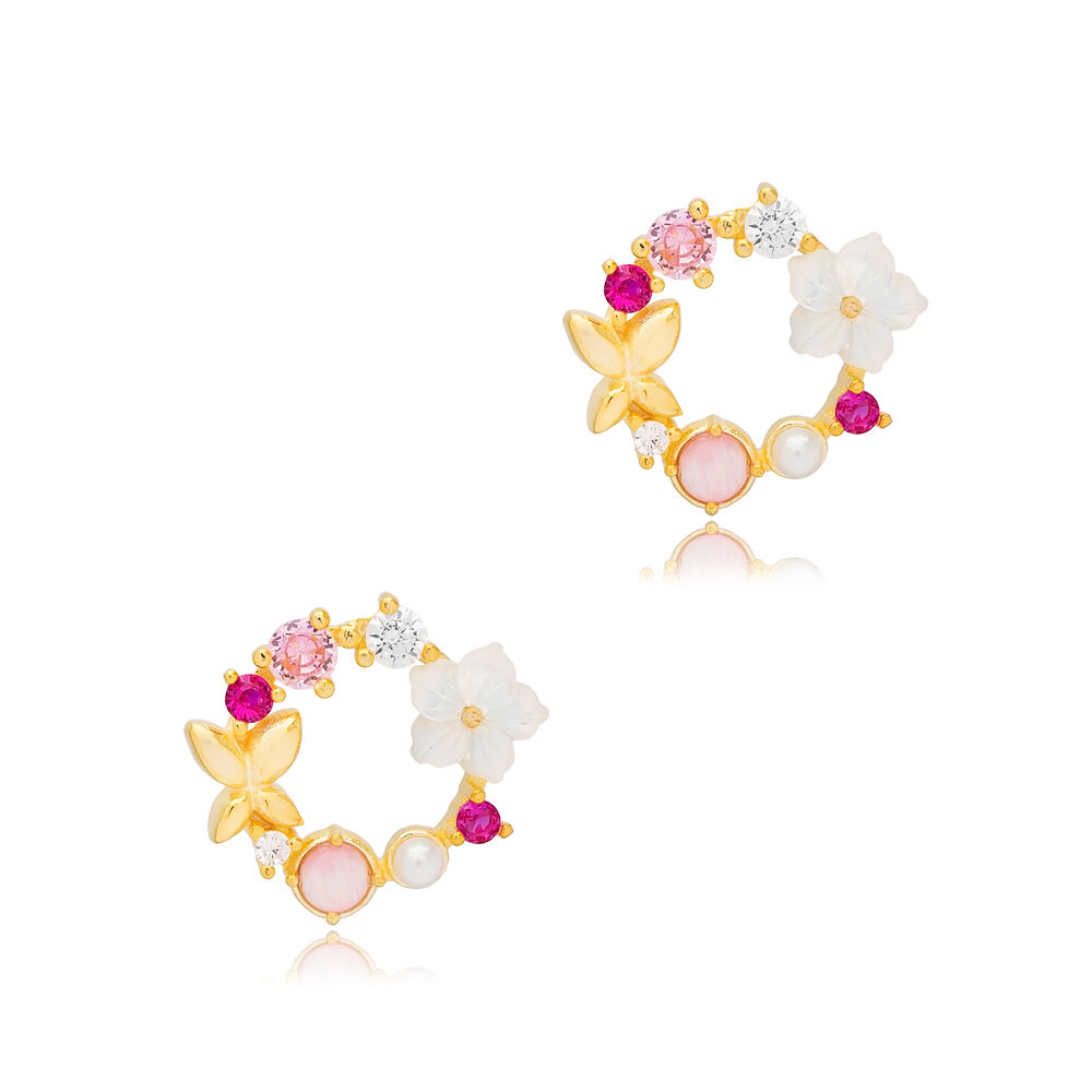 Multicolor Pink Dainty Fresh Simple Flower Design Stud Earrings Pearl Handcrafted Turkish 925 Sterling Silver Jewelry