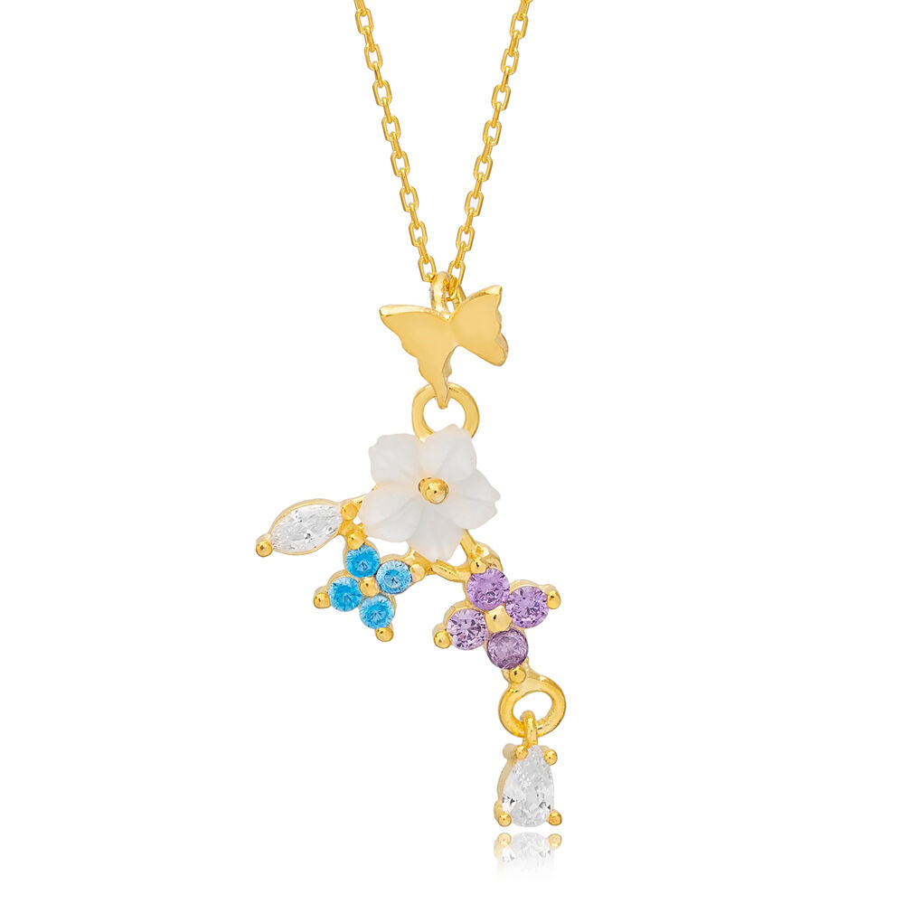 Multicolor Fresh Simple Summer Collection Flower Butterfly Charm Necklace Pendant Turkish 925 Sterling Silver Jewelry