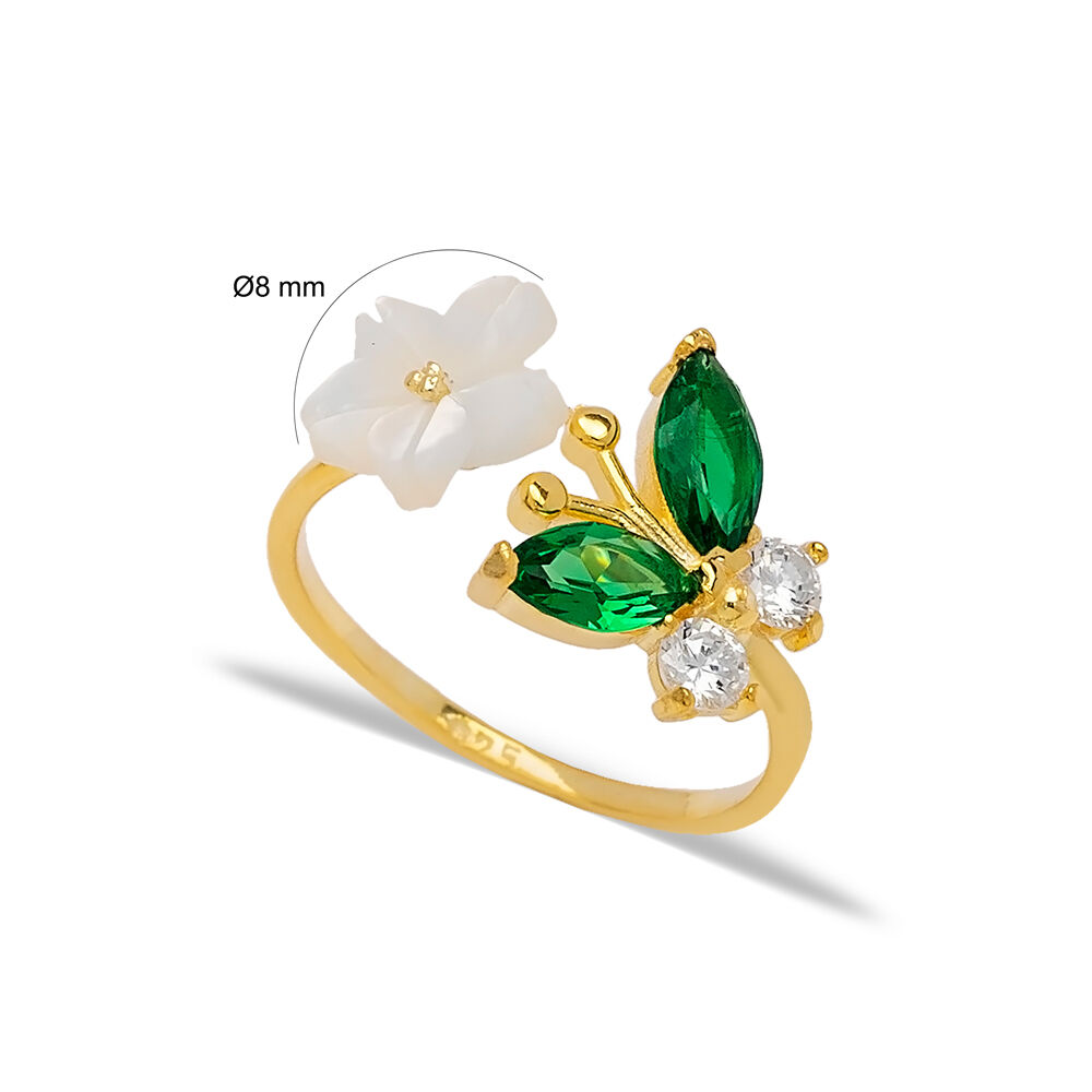 Trend Women Ring Butterfly Flower Design Emerald Adjustable Ring Turkish Silver Jewelry