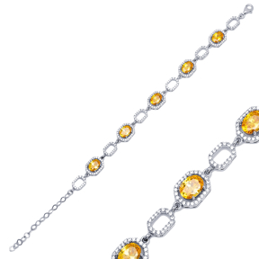 Geometric Oval Yellow Citrine Stone Charm Bracelet Handmade Wholesale Turkish 925 Sterling Silver Jewelry