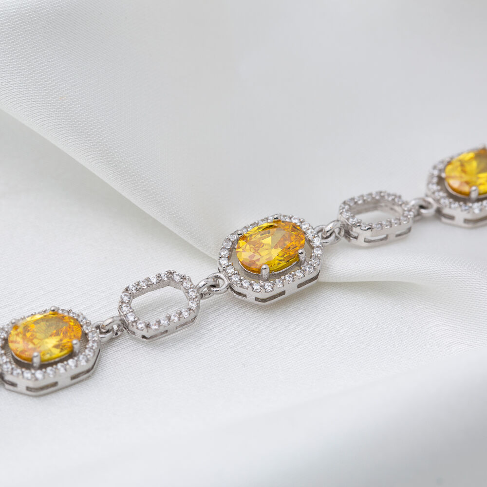 Geometric Oval Yellow Citrine Stone Charm Bracelet Handmade Wholesale Turkish 925 Sterling Silver Jewelry