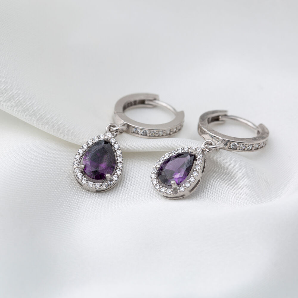 Amethyst Stone Pear Drop Shape Dangle Earrings Turkish Wholesale 925 Sterling Silver Jewelry