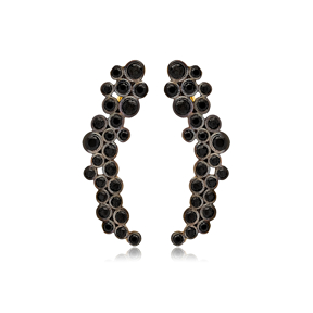 Stylish Round Design Black Zircon Stone Ear Cuff Climber Earrings Handmade 925 Silver Jewelry