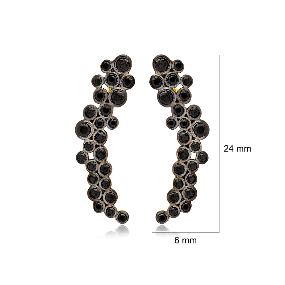 Stylish Round Design Black Zircon Stone Ear Cuff Climber Earrings Handmade 925 Silver Jewelry