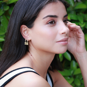 Rectangle Design Light Citrine Chain Stud Earrings Handcrafted Turkish 925 Sterling Silver Jewelry
