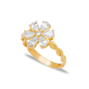 Flower Design Shiny Zircon Stone Women Braid 925 Sterling Silver Jewelry Ring